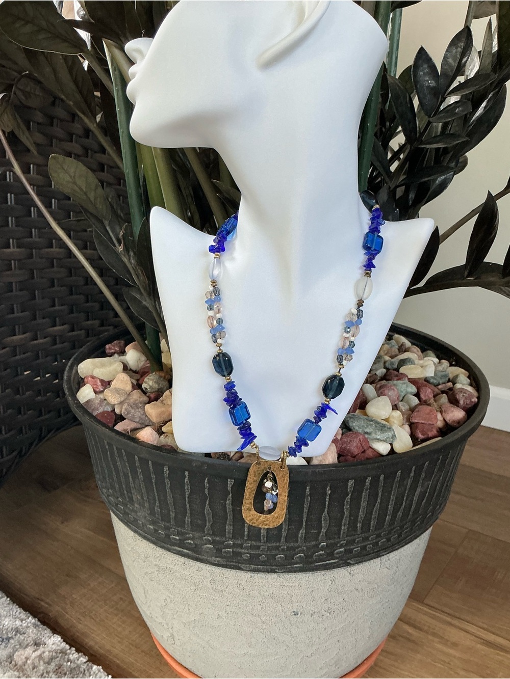 Vintage Coldwater Creek Beaded Blue Multi Glass Statement Pendant Necklace